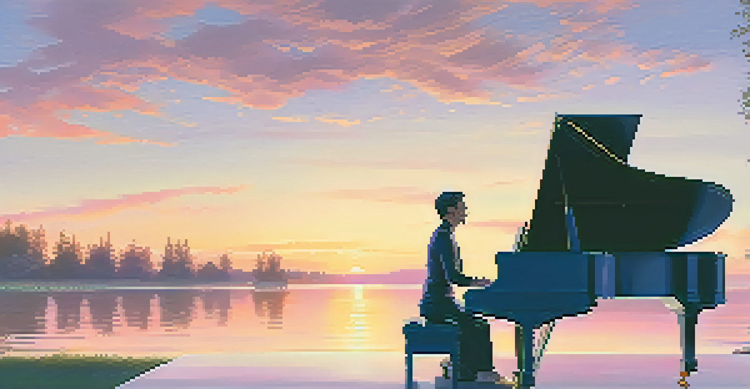 A classical musician playing a grand piano on a serene lakeside stage with a colorful sunset reflection.