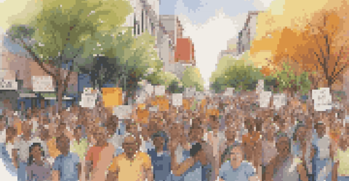 A lively public protest with diverse people holding signs and chanting in a city street, under warm sunlight.