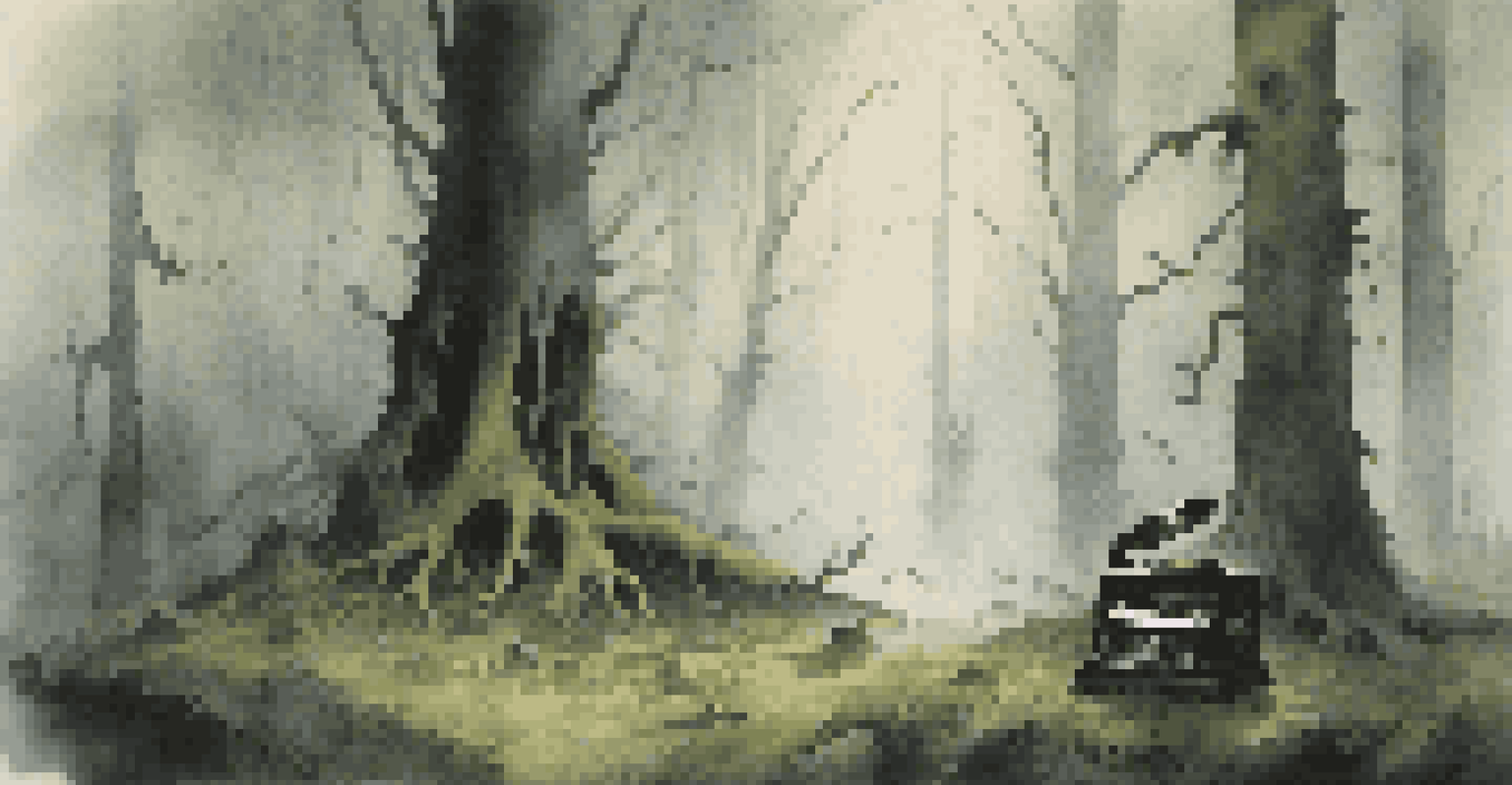 An eerie forest with a gramophone emitting musical notes, creating a suspenseful atmosphere.
