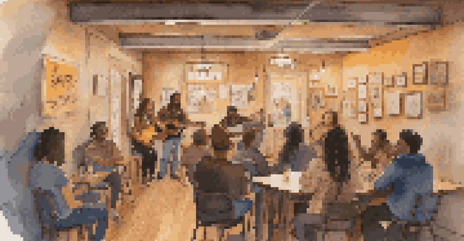 A local musician performing at an open mic night in a warmly lit café, with an engaged audience listening attentively.