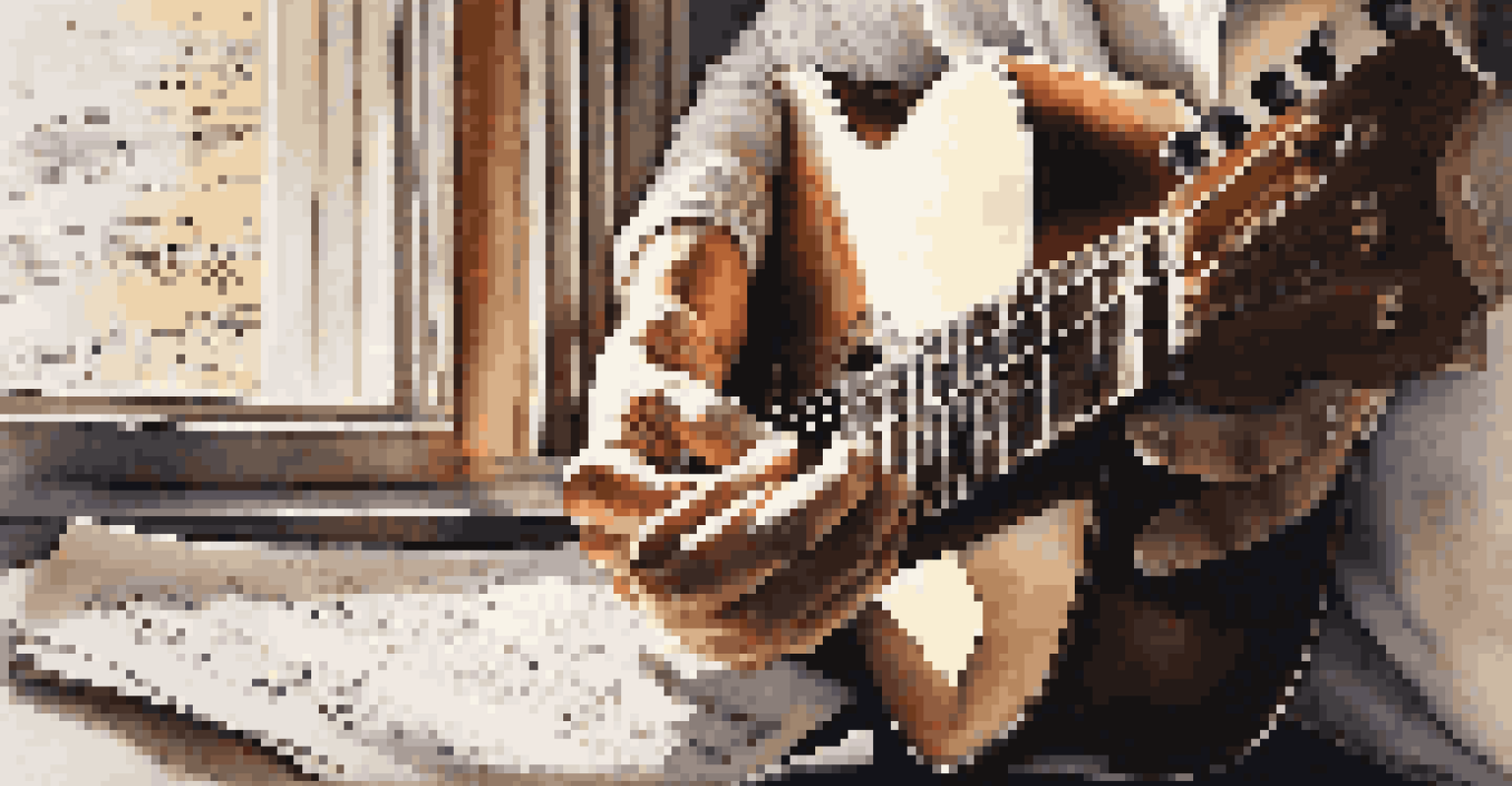 Close-up of a musician's hands on an acoustic guitar, with lyrics about hope and resilience visible in the background, illuminated by soft natural light.