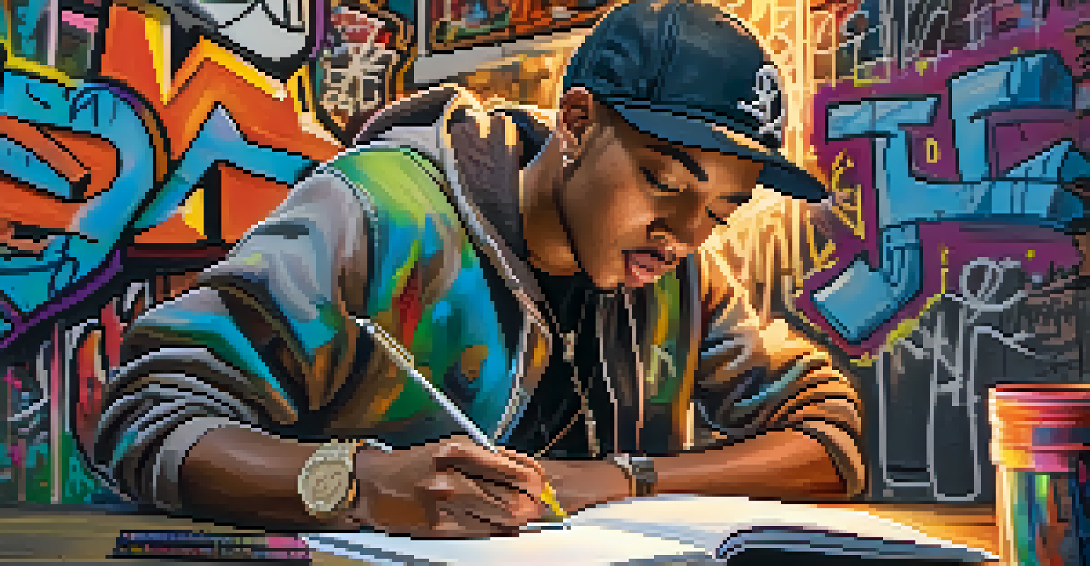 A young artist writing rap lyrics in a notebook, surrounded by colorful graffiti, capturing the essence of creativity and self-expression.