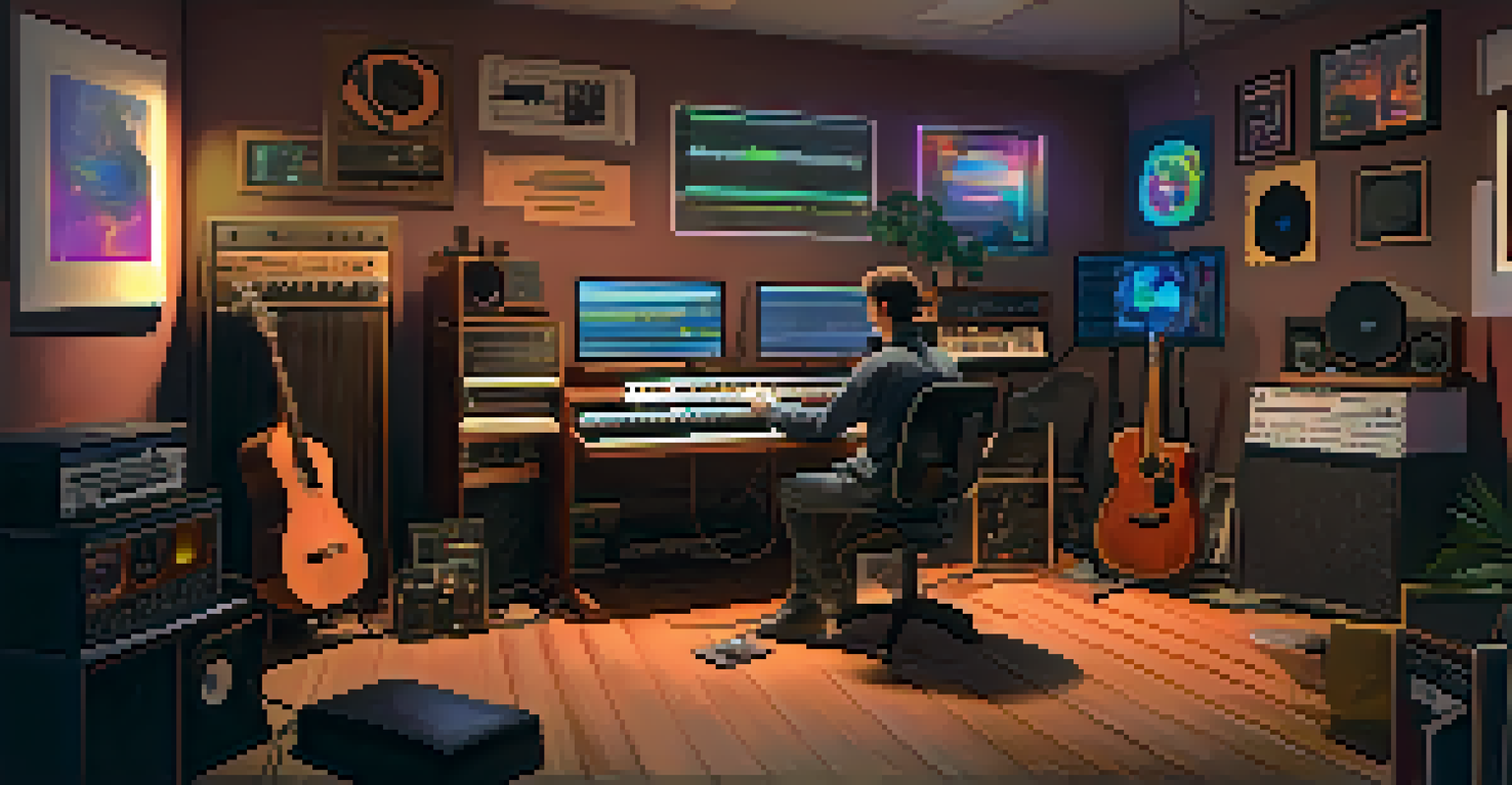 A cozy music studio where a human artist collaborates with an AI interface on a computer, surrounded by various musical instruments.