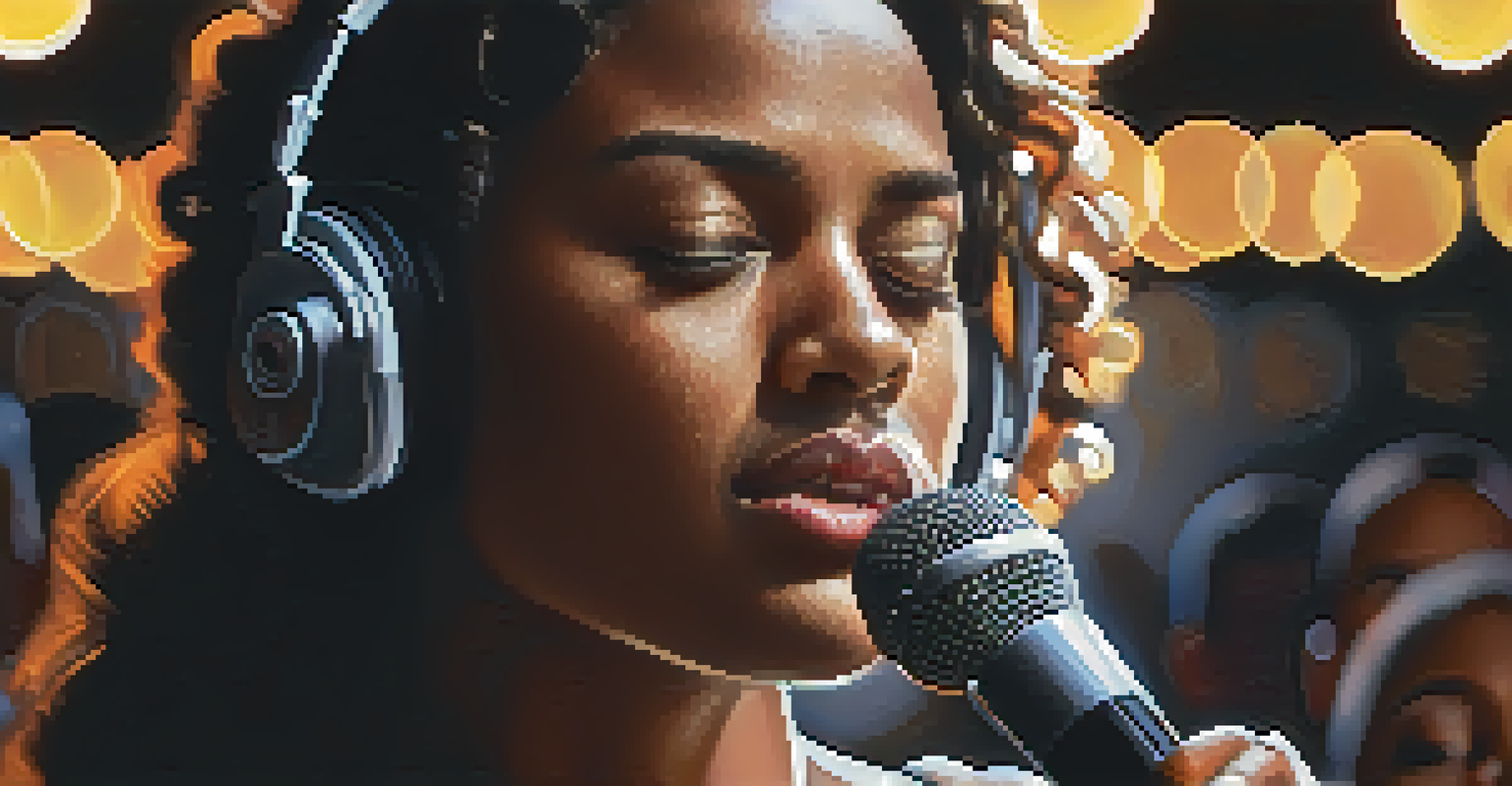 A close-up of a singer passionately performing, with an emotional expression and a blurred audience in the background.