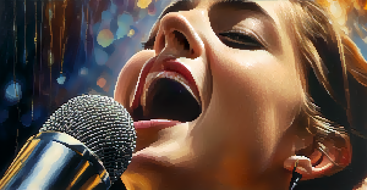 A close-up of a passionate musician singing into a vintage microphone, illuminated by warm lighting, with a blurred background and musical notes.