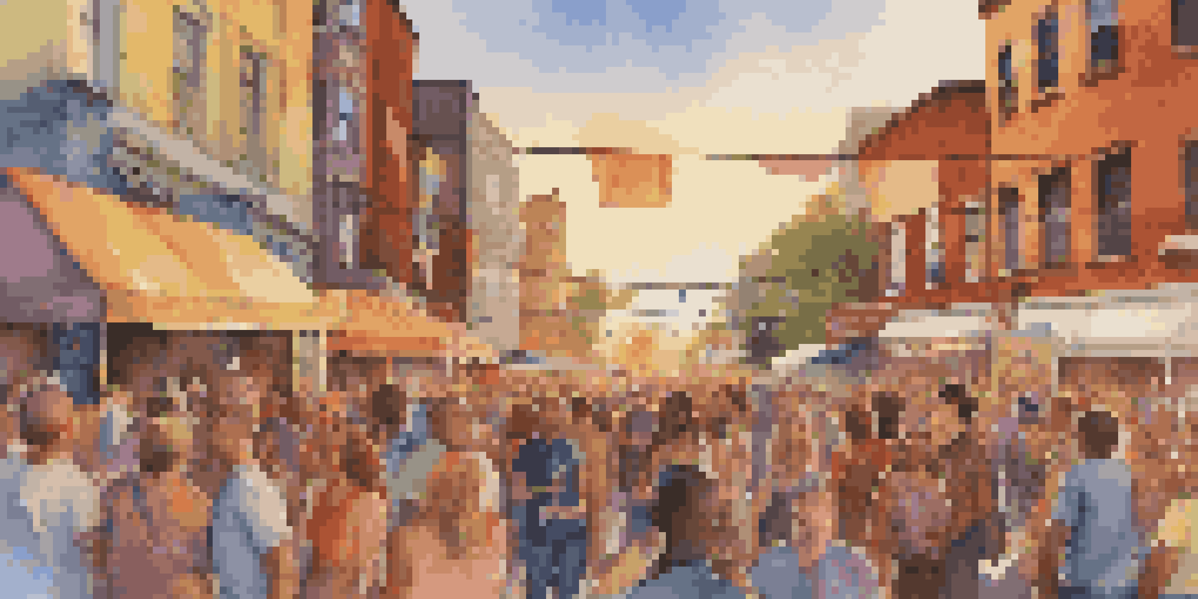 A colorful street festival with diverse people enjoying live music under a sunset.