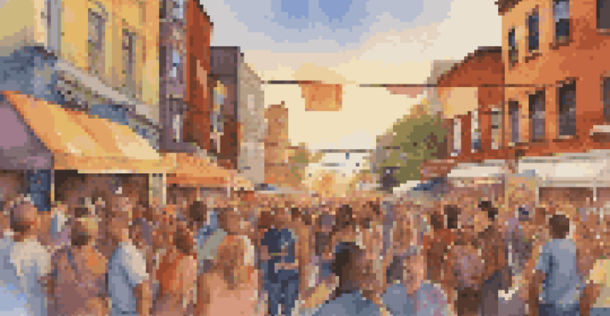 A colorful street festival with diverse people enjoying live music under a sunset.