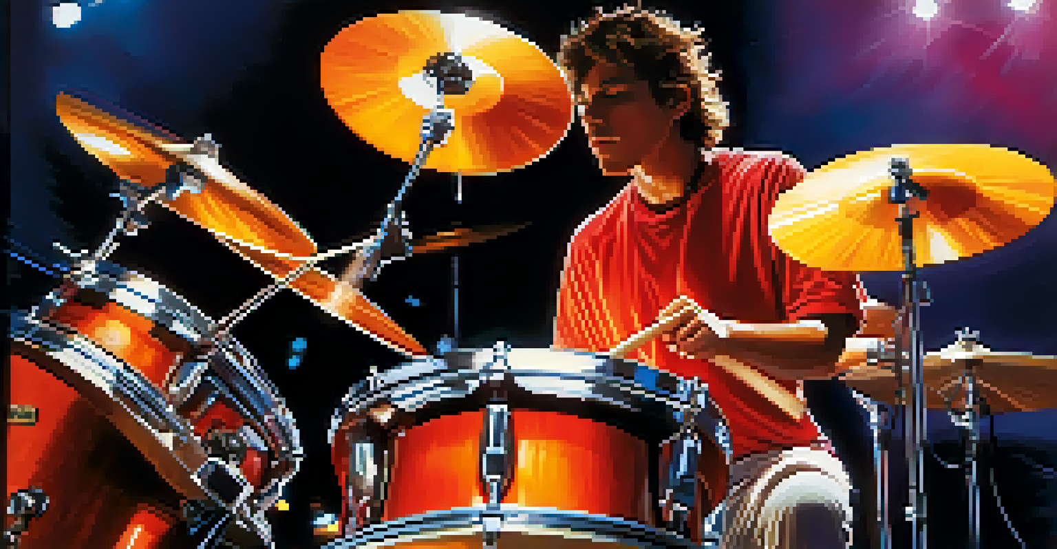 A drummer striking a drum with motion blur of the drumsticks and vibrant stage lights.