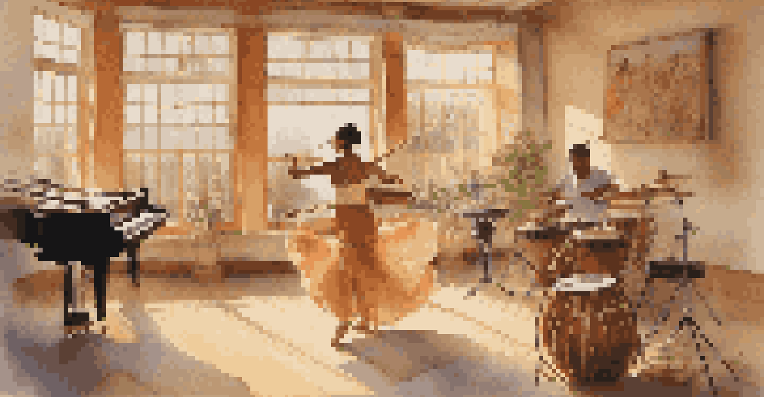 A dancer practicing in a sunlit studio surrounded by various traditional musical instruments, showcasing the connection between dance and music.