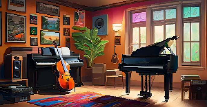 A lively music studio showcasing various colorful instruments and warm lighting, creating an inviting atmosphere.