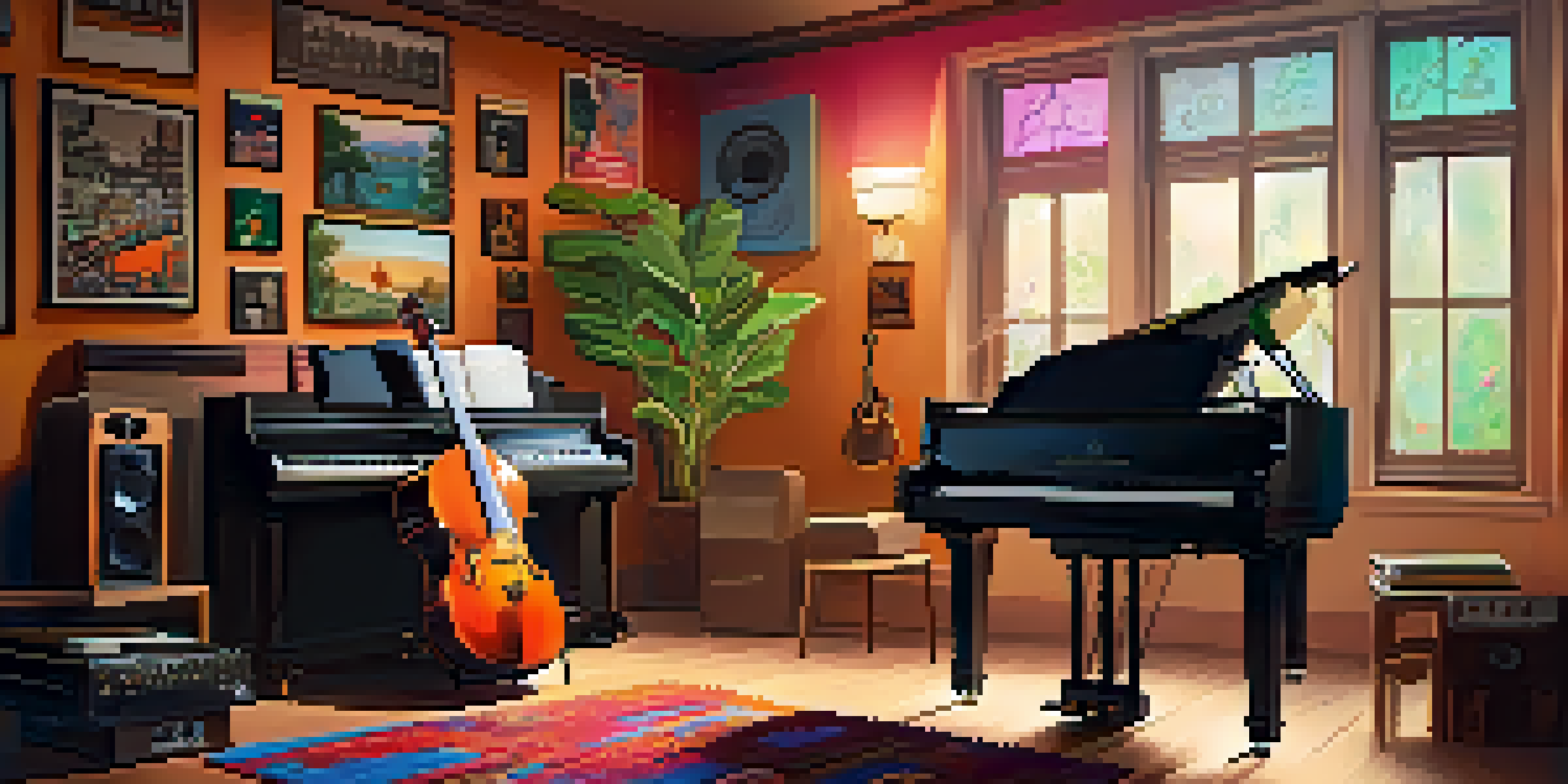 A lively music studio showcasing various colorful instruments and warm lighting, creating an inviting atmosphere.