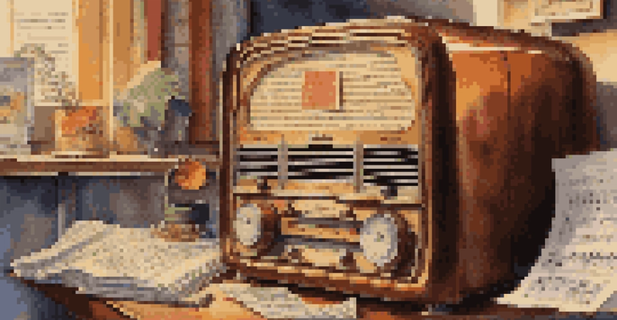A vintage radio from the 1920s surrounded by sheet music and colorful advertisements, with musical notes visually emanating from it.