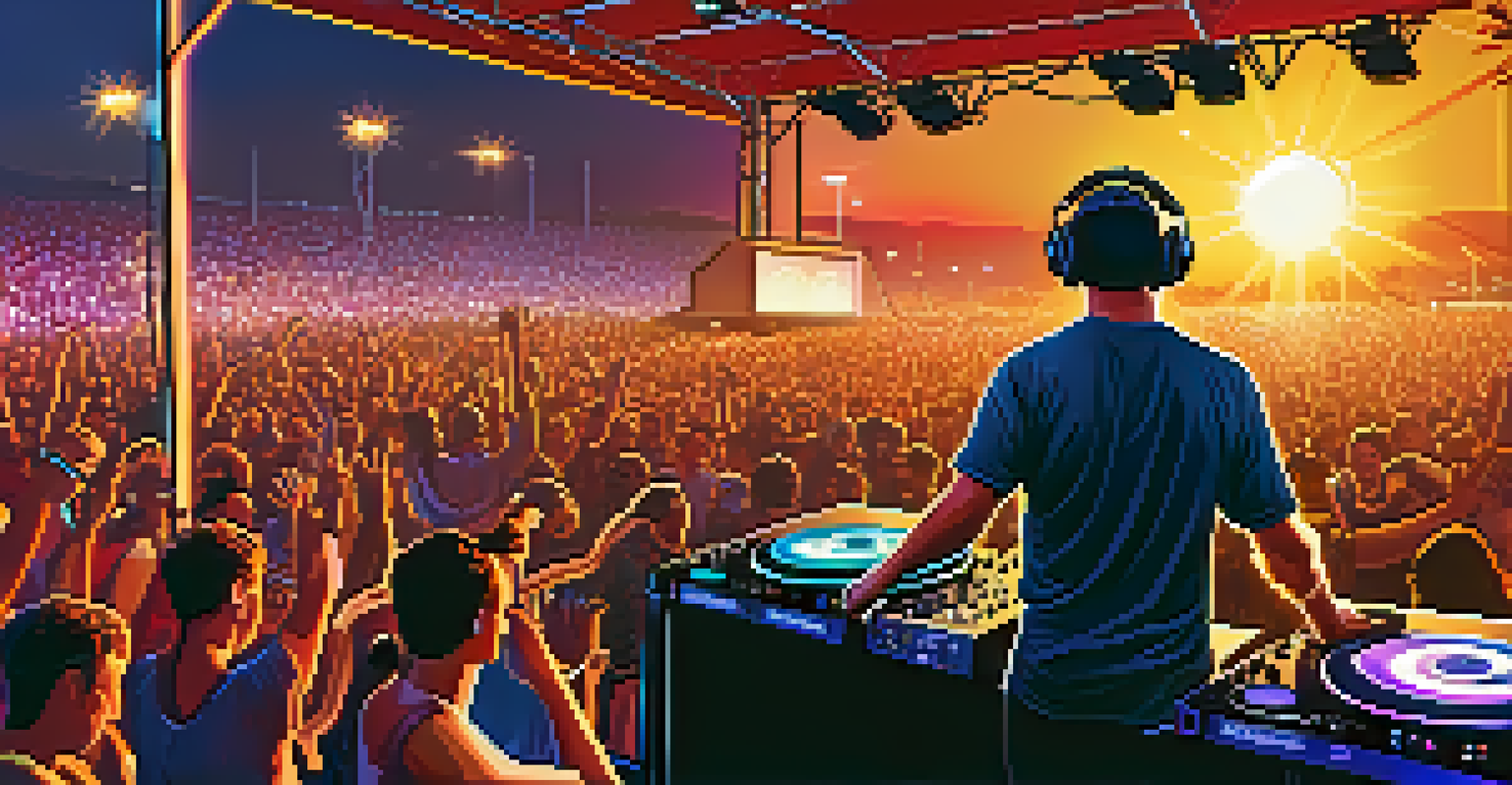A DJ performing at an outdoor festival, engaging the crowd with scratching, with a sunset backdrop.