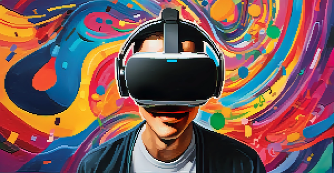 A student wearing a VR headset, engaging with a virtual piano, surrounded by floating musical notes and rhythms in a colorful background.