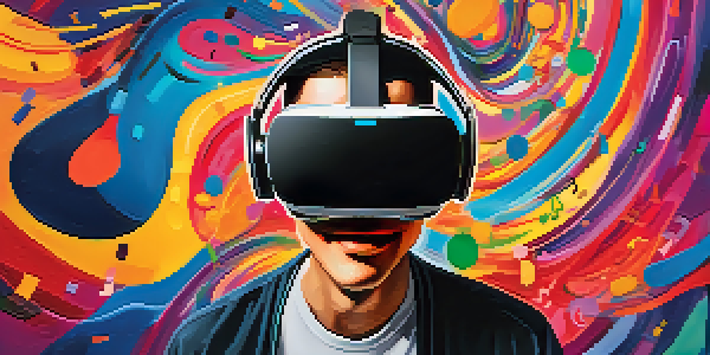 A student wearing a VR headset, engaging with a virtual piano, surrounded by floating musical notes and rhythms in a colorful background.