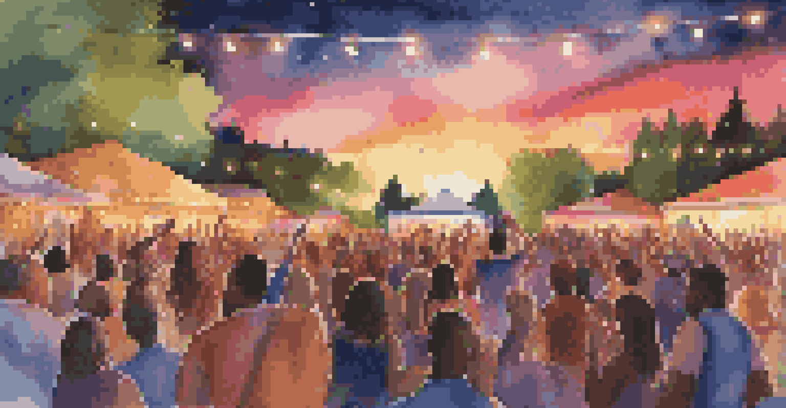 A lively outdoor concert with musicians on stage and an enthusiastic audience enjoying the performance.