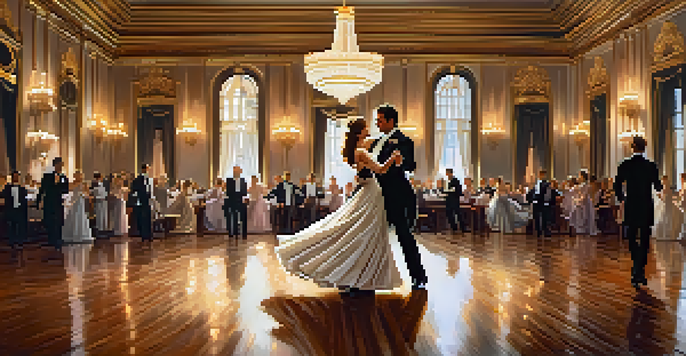 A couple dancing the waltz in an elegant ballroom, surrounded by chandeliers and polished wood floors.