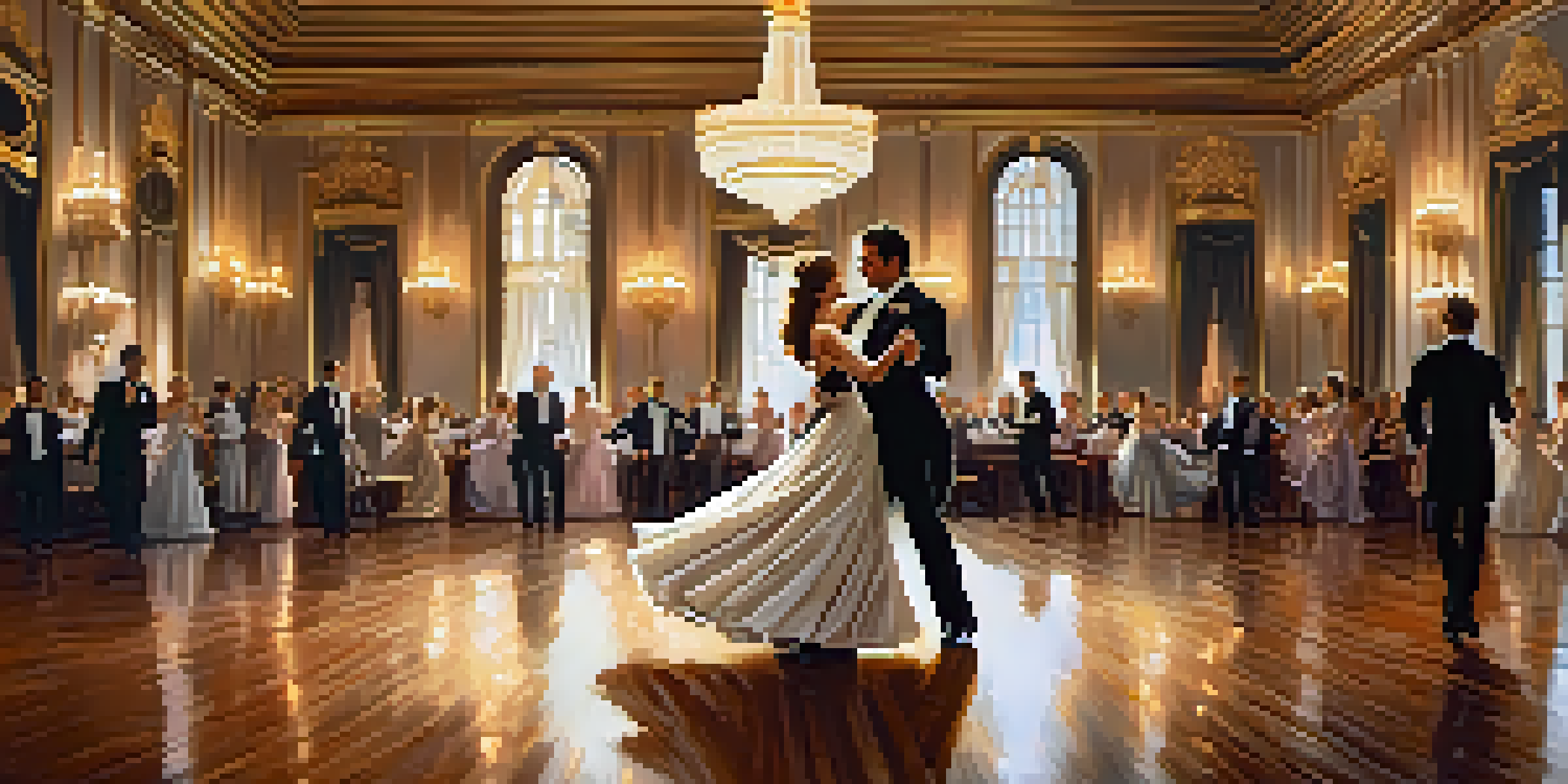 A couple dancing the waltz in an elegant ballroom, surrounded by chandeliers and polished wood floors.