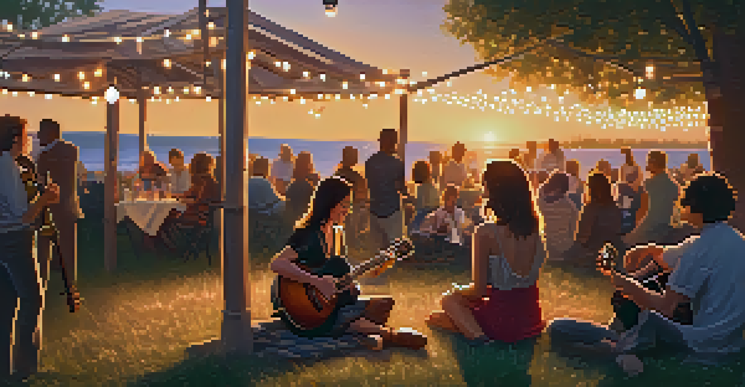 A female guitarist and vocalist performing at an outdoor jazz festival during sunset, with fairy lights and a cozy audience setting.