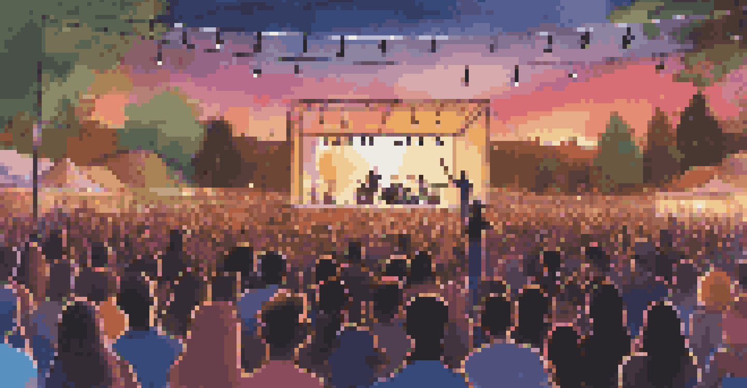 A concert at sunset with a crowd and social media metrics displayed on a large screen.