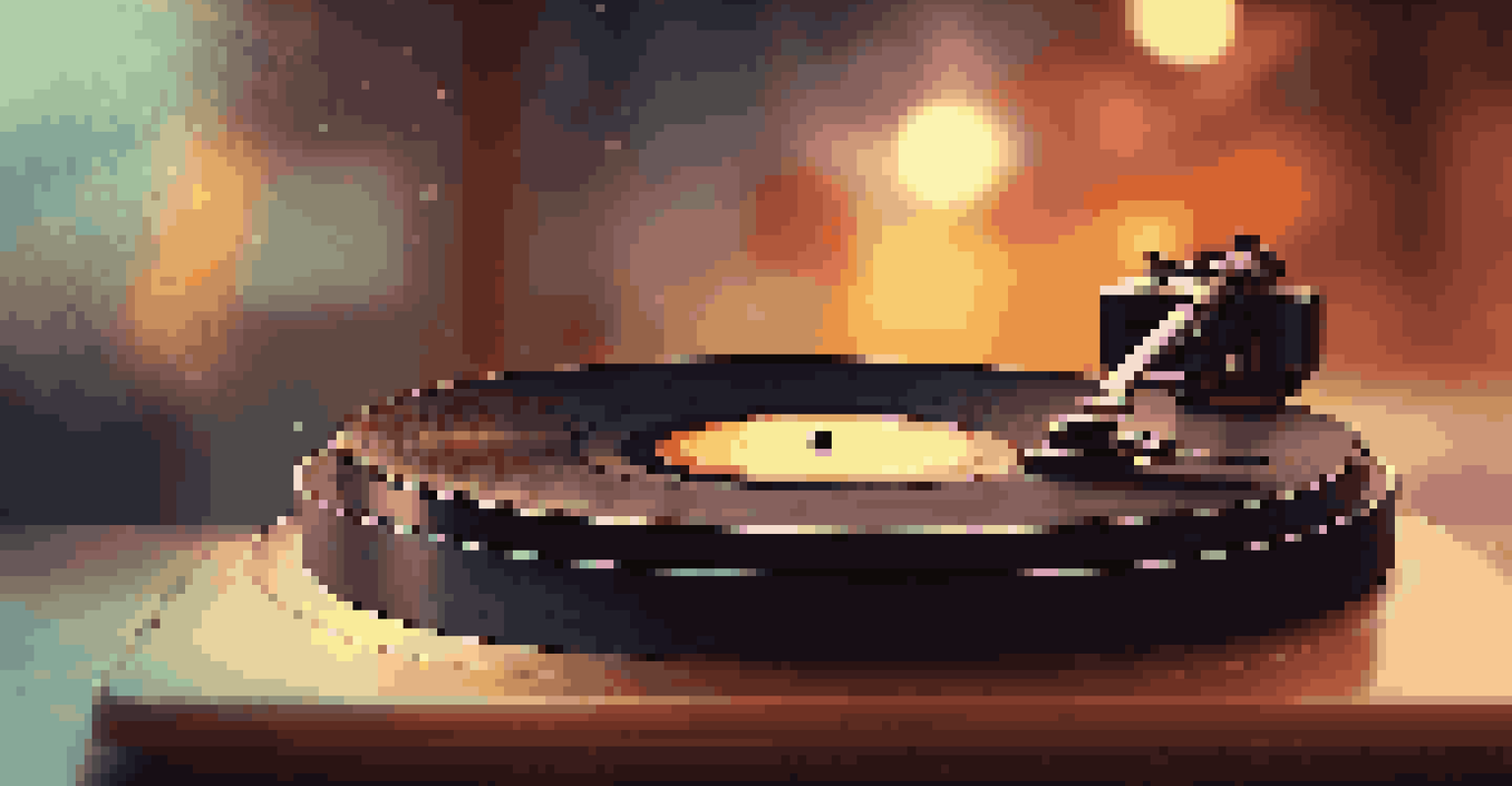 A close-up of a spinning vinyl record on a turntable with warm lighting, evoking a nostalgic atmosphere.