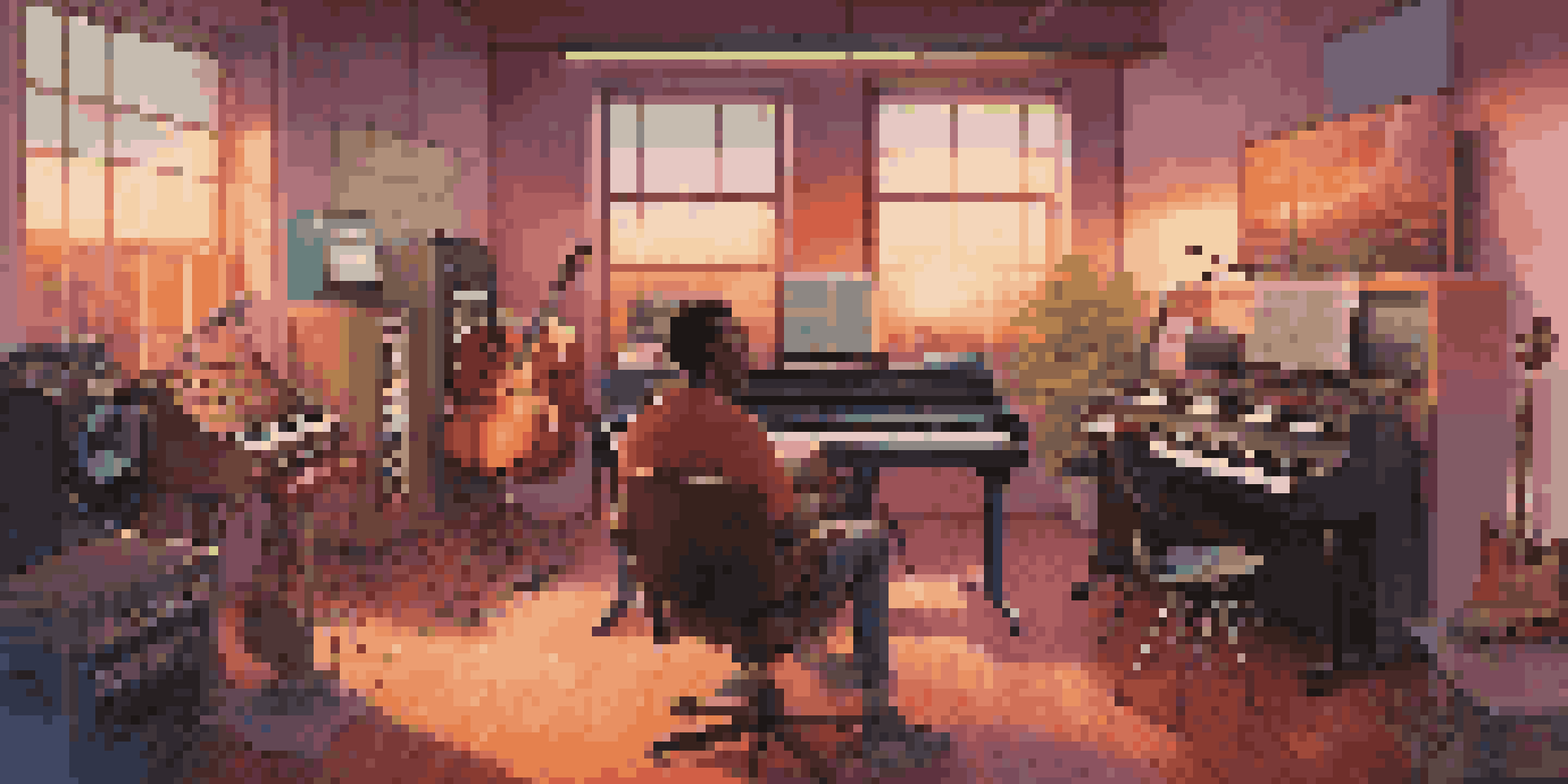 A lively music studio with musicians working together, surrounded by instruments and technology, with a sunset view outside.