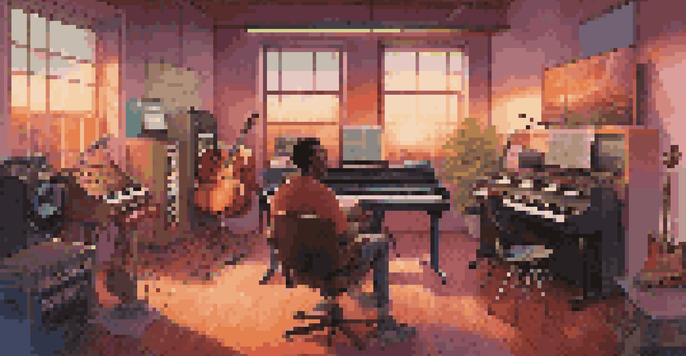 A lively music studio with musicians working together, surrounded by instruments and technology, with a sunset view outside.