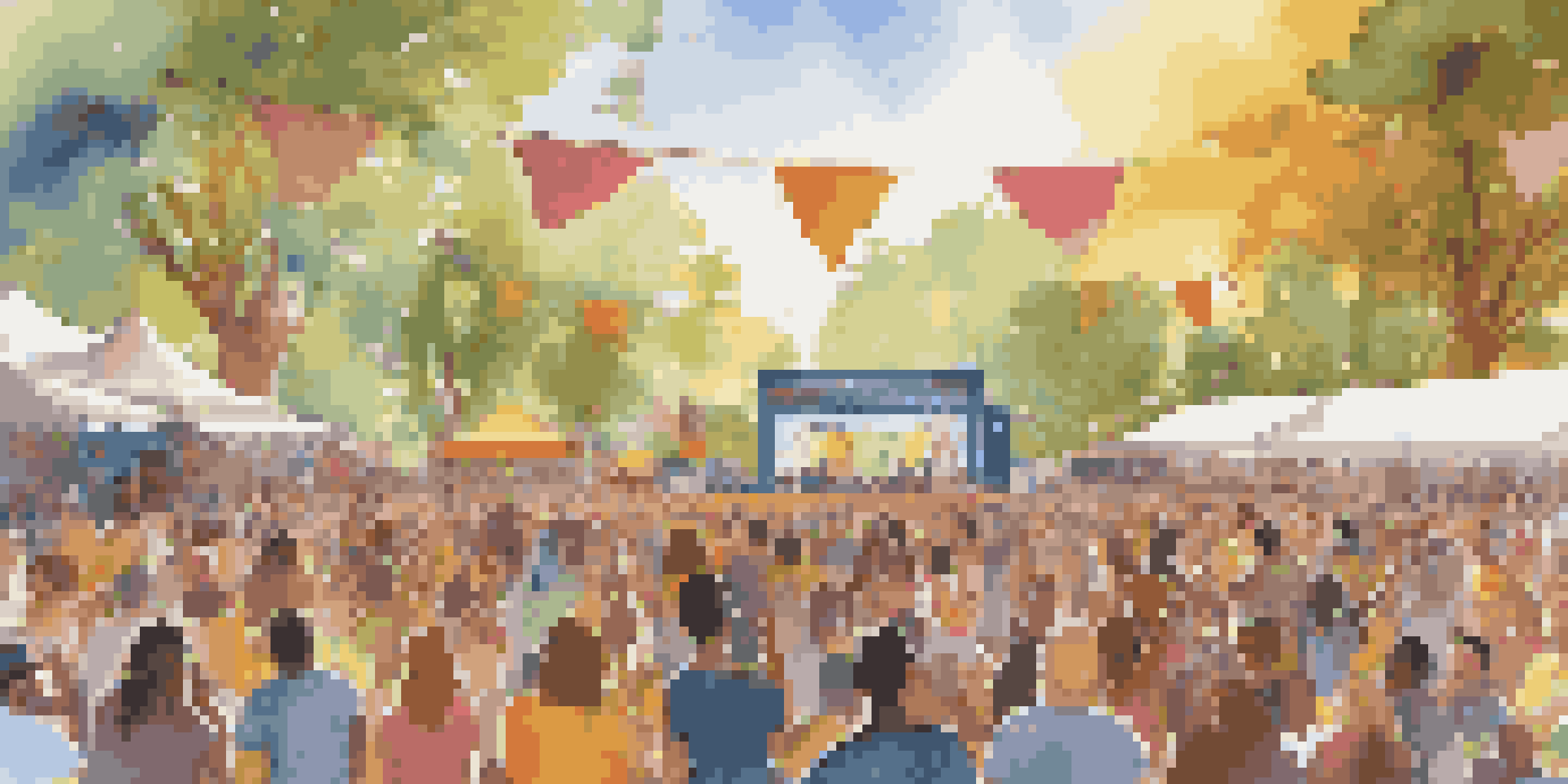 A lively outdoor music festival with diverse musicians on stage and an engaged audience, surrounded by colorful decorations and sunlight filtering through trees.