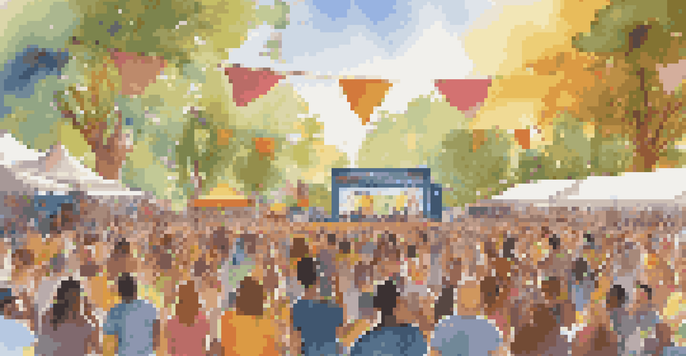 A lively outdoor music festival with diverse musicians on stage and an engaged audience, surrounded by colorful decorations and sunlight filtering through trees.