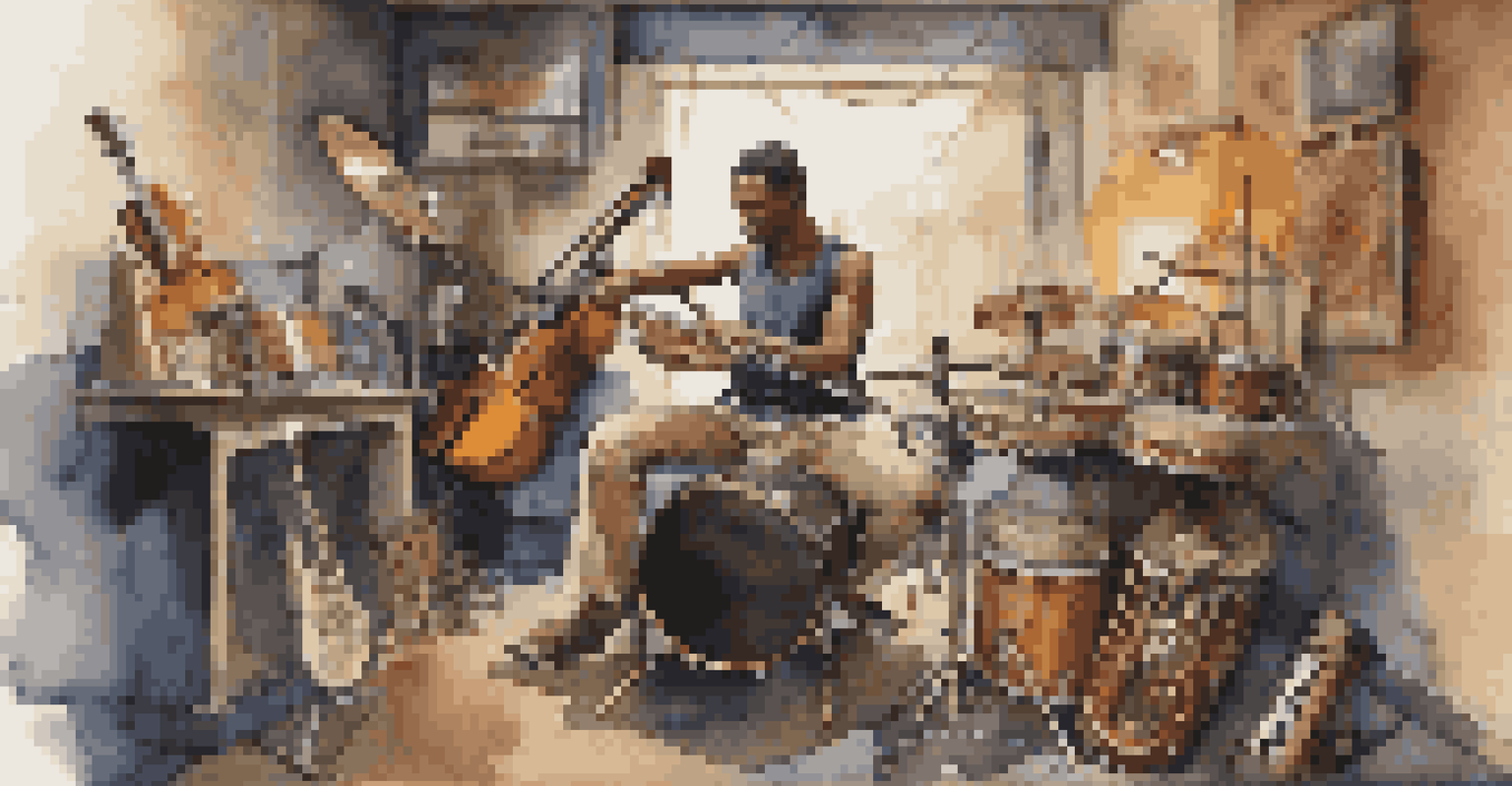 A musician playing the saron in a modern setting, surrounded by various instruments and dynamic lighting.