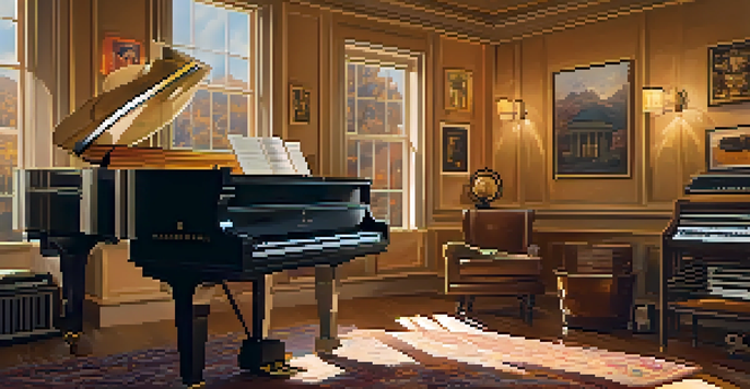 A composer at a grand piano in a film scoring studio, surrounded by orchestral instruments and sheet music, with warm lighting and movie posters on the walls.