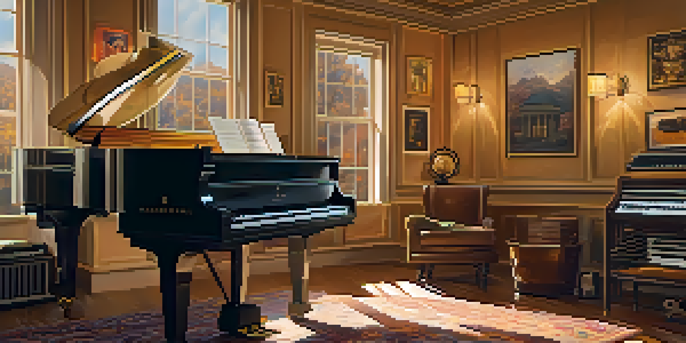 A composer at a grand piano in a film scoring studio, surrounded by orchestral instruments and sheet music, with warm lighting and movie posters on the walls.