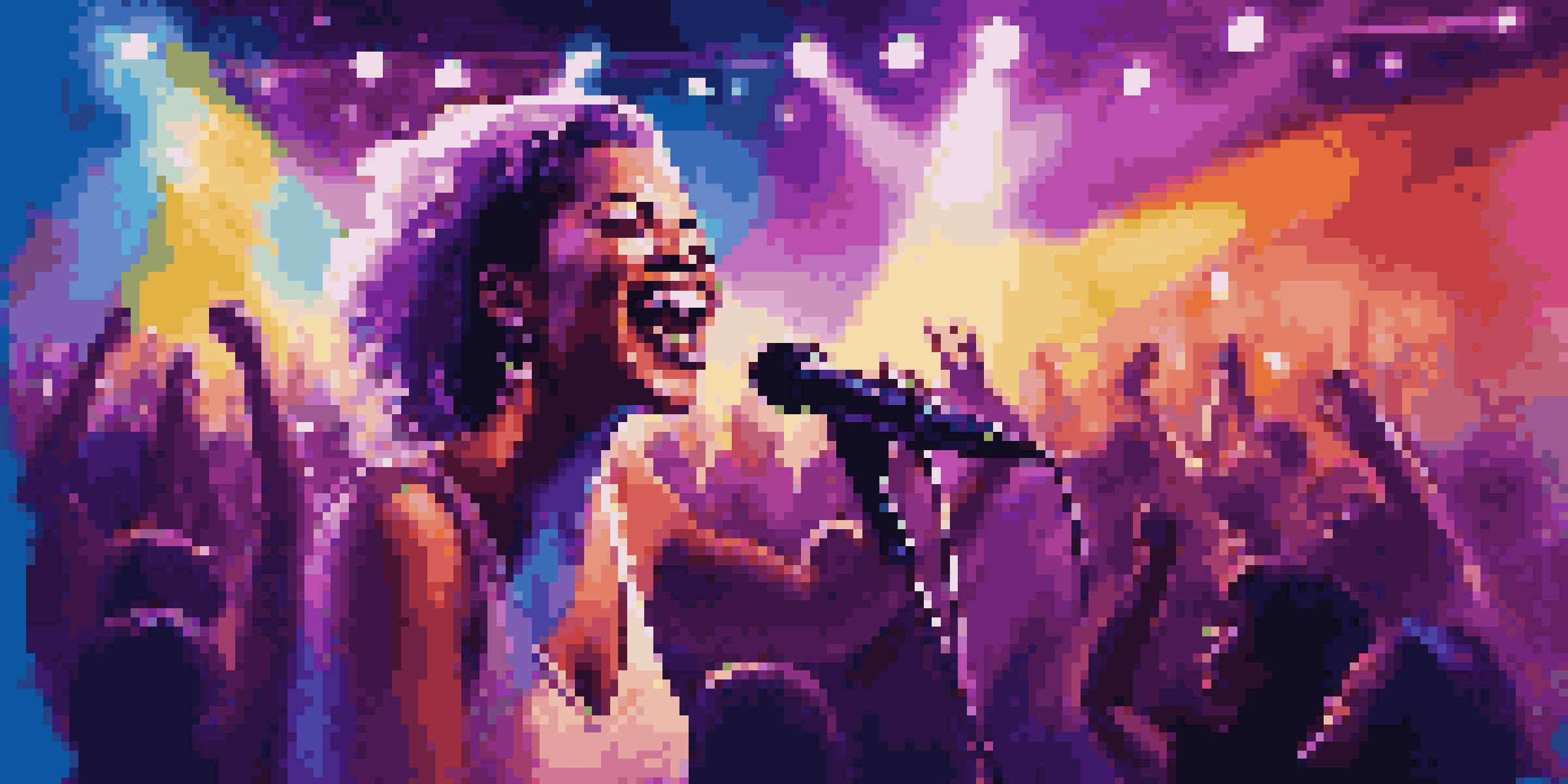 A female musician performing energetically on stage, with colorful lights and an enthusiastic audience.