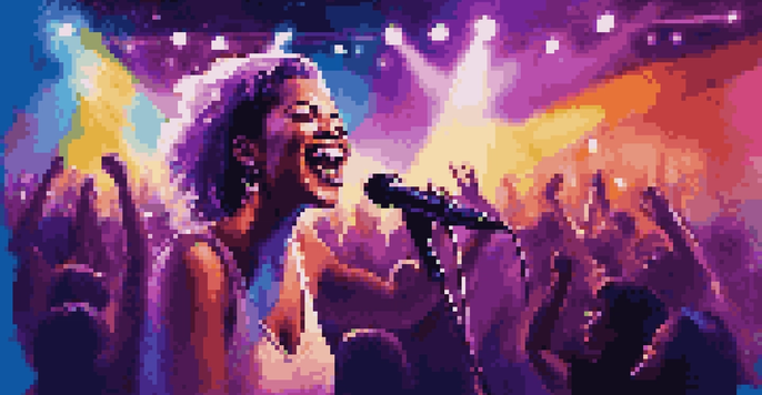 A female musician performing energetically on stage, with colorful lights and an enthusiastic audience.