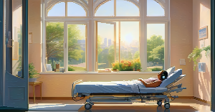 A patient in a hospital bed, wearing headphones and smiling, surrounded by soft colors and musical notes in the air, suggesting relaxation and comfort.
