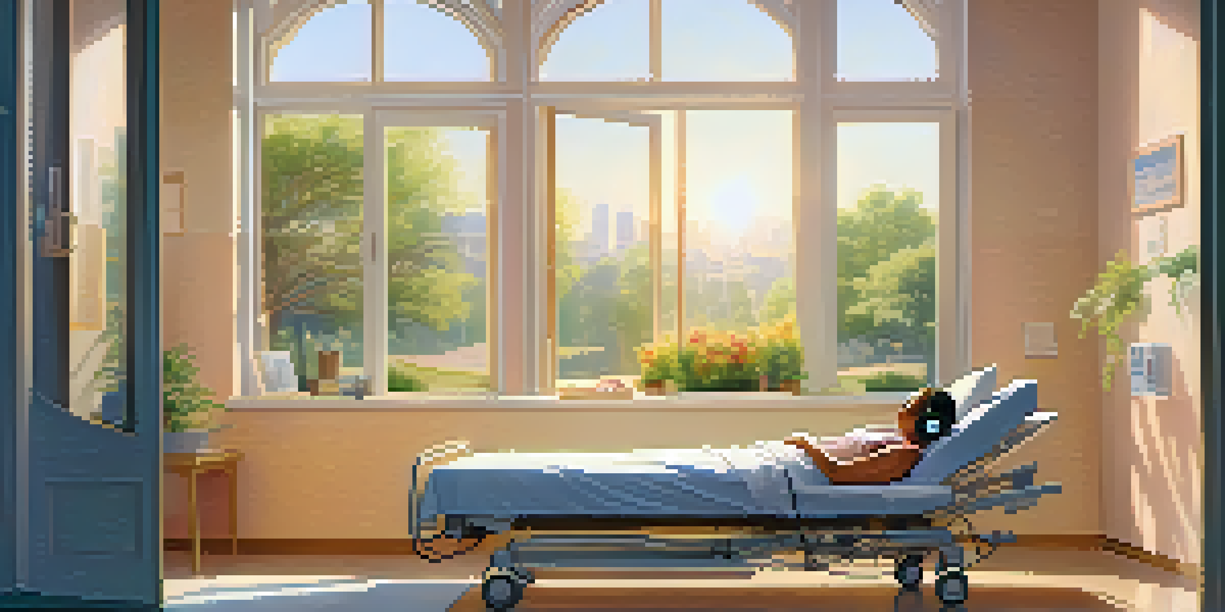 A patient in a hospital bed, wearing headphones and smiling, surrounded by soft colors and musical notes in the air, suggesting relaxation and comfort.