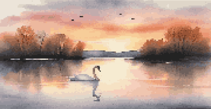 A tranquil lake at sunset with trees and a swan, creating a peaceful atmosphere.