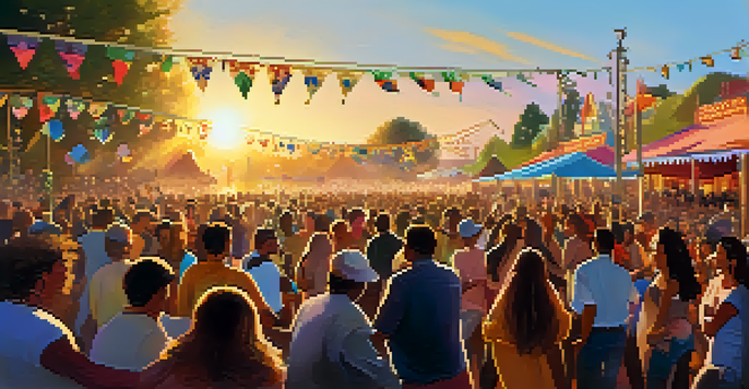 A lively folk music festival with musicians on stage, colorful decorations, and a joyful crowd dancing under a golden sunset.