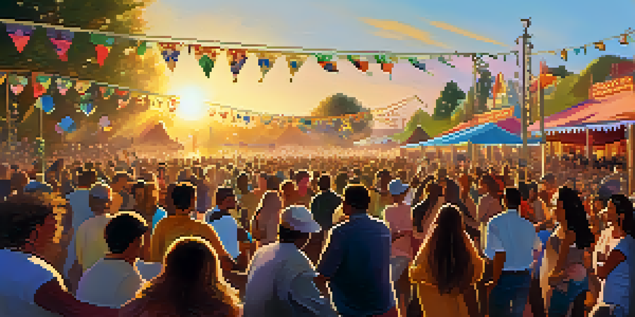 A lively folk music festival with musicians on stage, colorful decorations, and a joyful crowd dancing under a golden sunset.