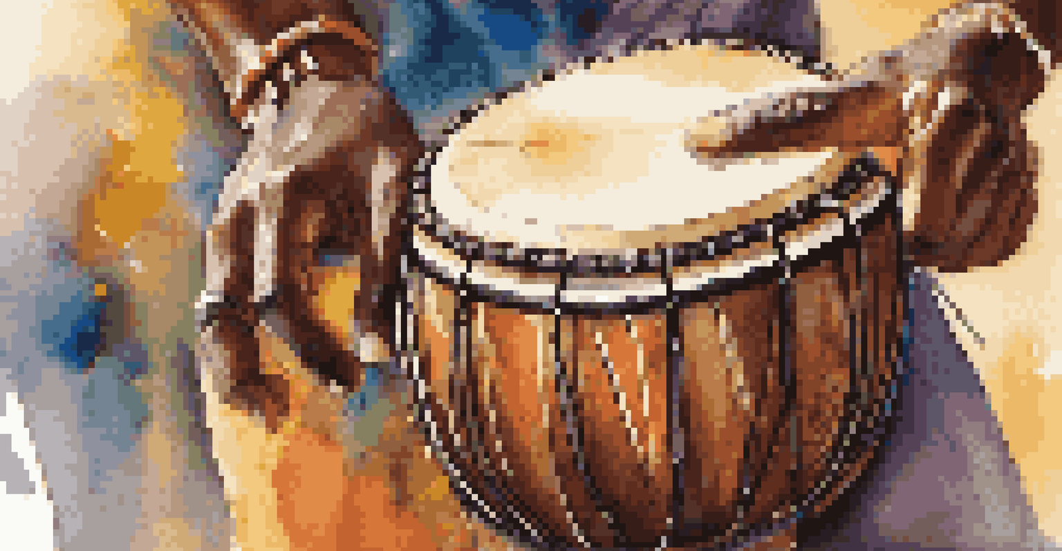 Close-up of hands playing a traditional African drum, with a festive background of dancers and vibrant colors.