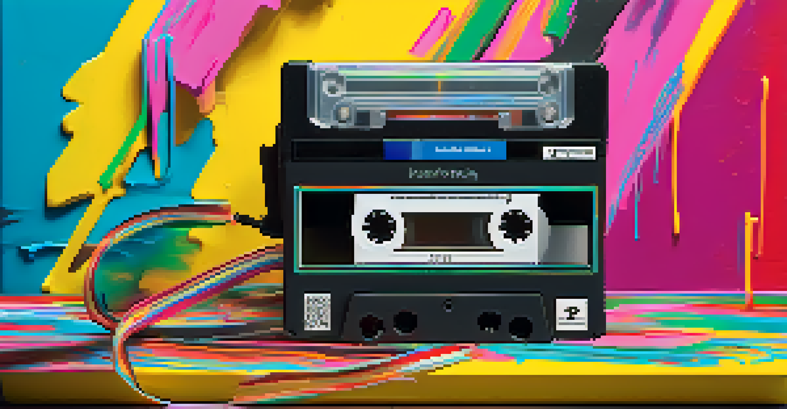 A close-up of a cassette tape being inserted into a Walkman against a colorful graffiti wall.
