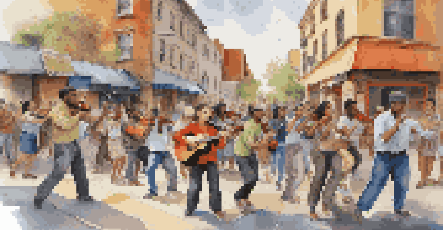 Young musicians performing on a street corner, blending traditional and contemporary styles with a lively crowd.