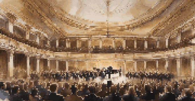 A large concert hall with a captivated audience watching a full orchestra perform, illuminated by warm lighting.