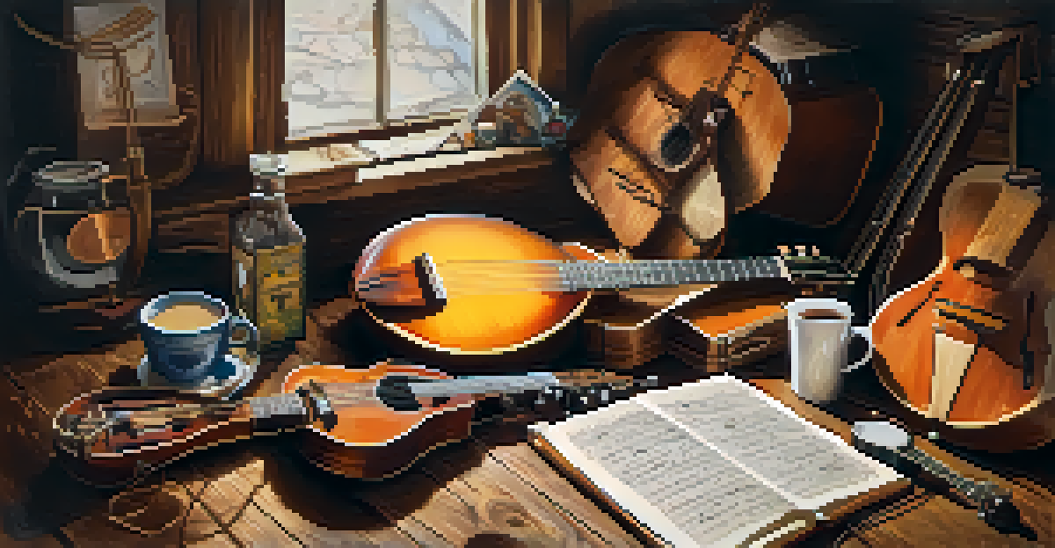 A flat lay image of folk-punk instruments like a guitar, banjo, and fiddle on a rustic table with handwritten lyrics and a cup of coffee.