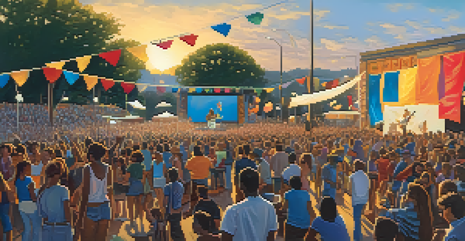 An outdoor blues festival with musicians on stage, colorful banners, and an enthusiastic crowd enjoying the music under a warm sunset.