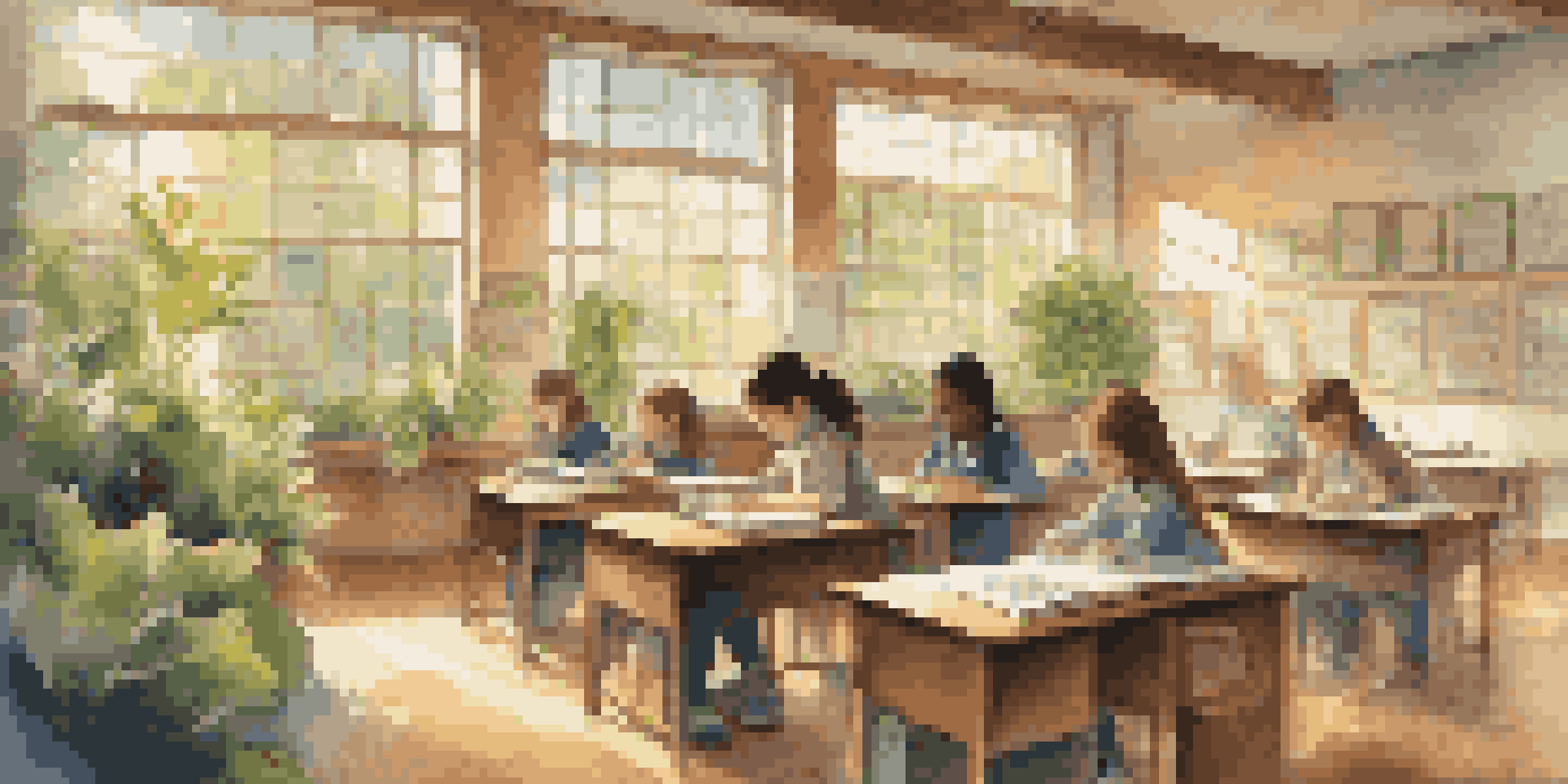 A bright classroom with students learning, sunlight streaming through windows, surrounded by nature-themed decorations.