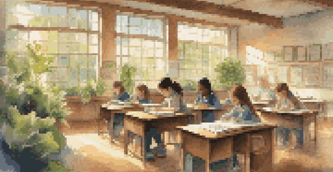 A bright classroom with students learning, sunlight streaming through windows, surrounded by nature-themed decorations.