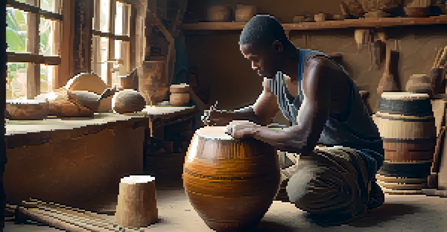 An artisan crafting a djembe drum in a workshop, focusing on carving the wood, with tools and materials visible, illuminated by natural light.