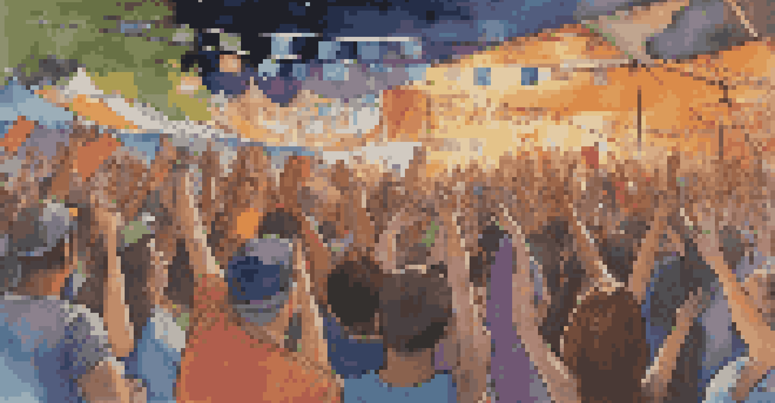 A close-up of a passionate musician playing guitar at a lively outdoor festival, with an engaging audience and colorful banners for social causes in the background.