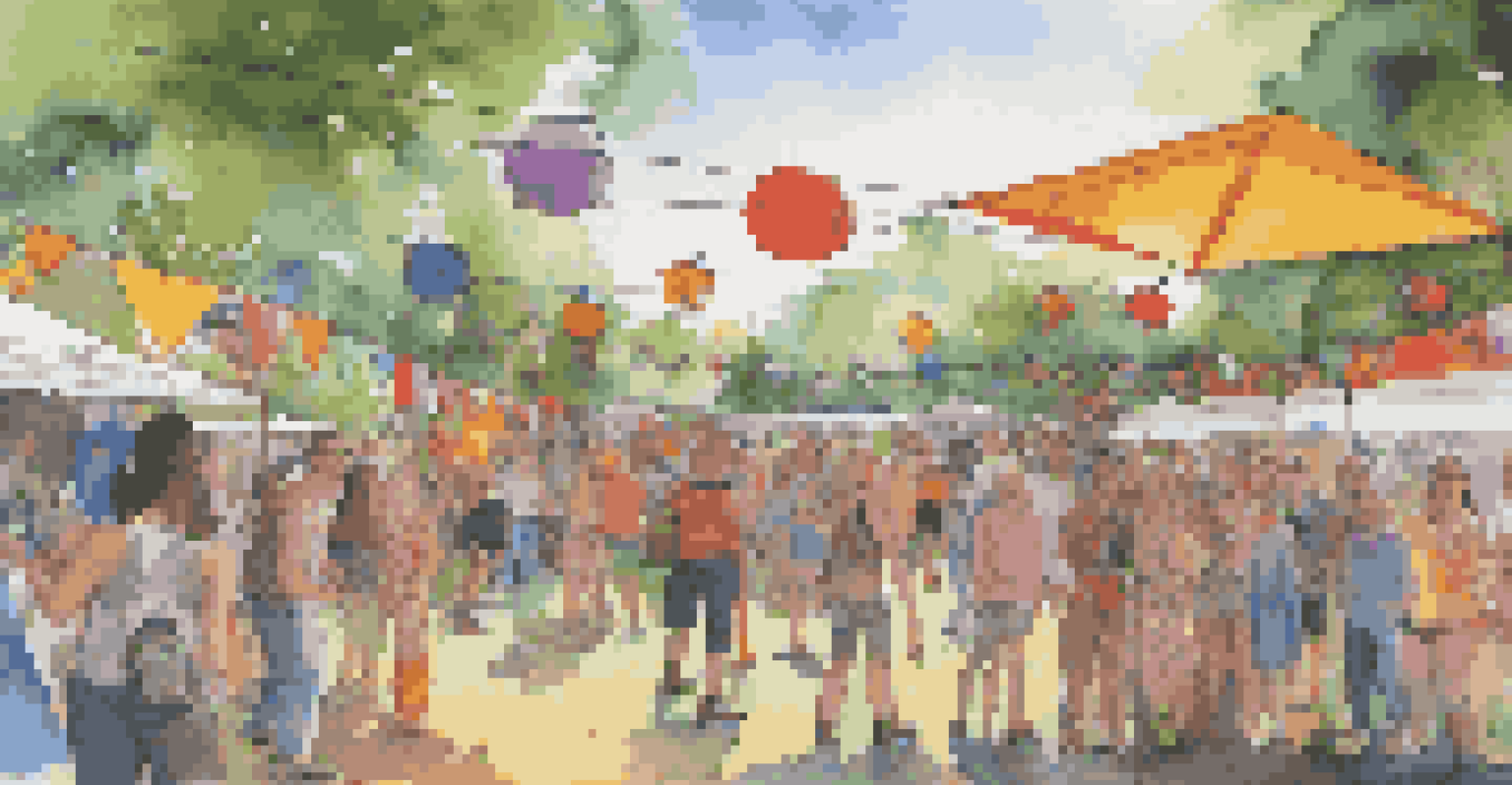 Attendees interacting with colorful recycled art installations at a music festival, surrounded by greenery and bright lights.